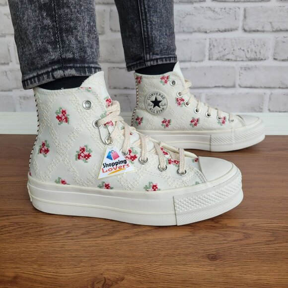 ⭐Converse Chuck Taylor Lift Rose Cross Stitch Sz 8 Women's Shoes White A13659C⭐ - Picture 3 of 11